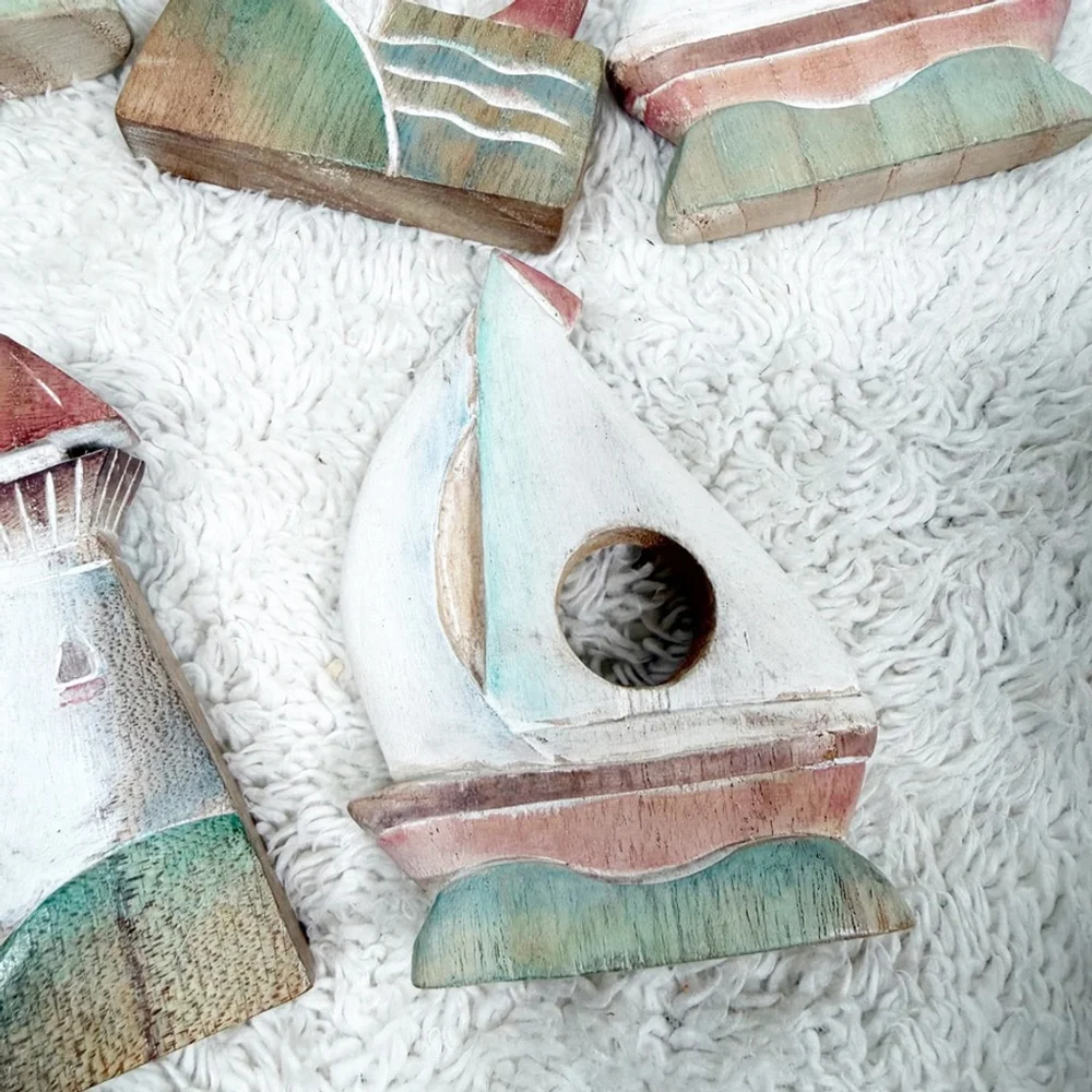 Cottage Nautical 8 Wooden Napkin Rings Sailboat Lighthouse Beach Table Decor